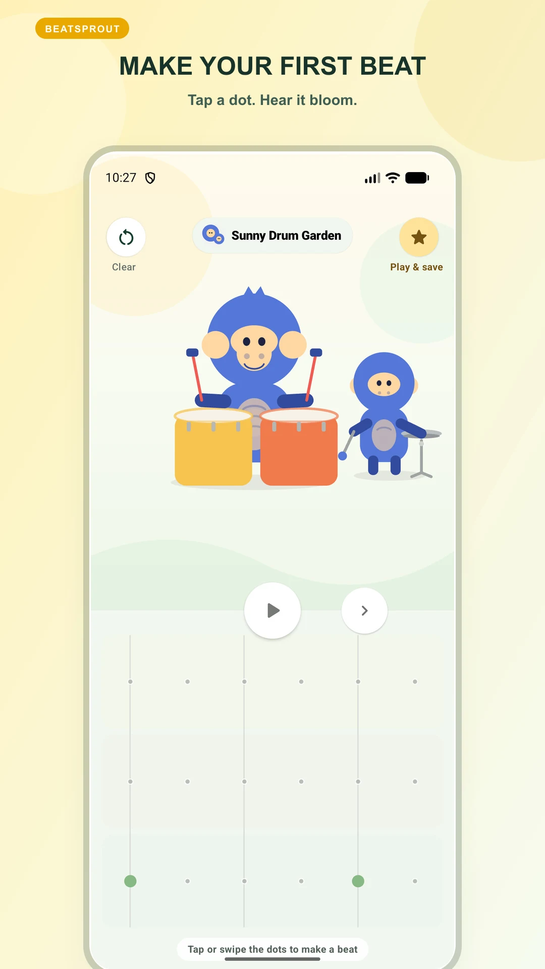 BeatSprout kids beat maker with musical characters and rhythm grid