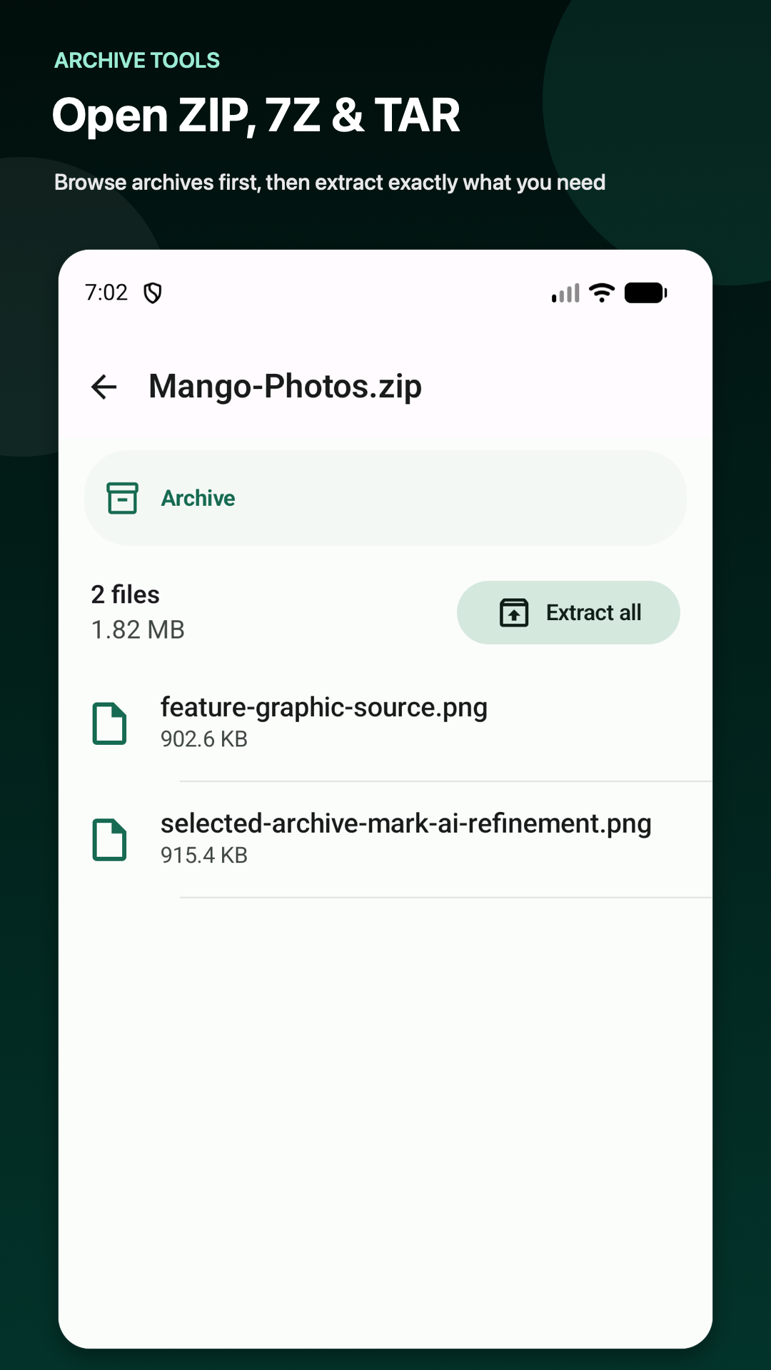 Mango Files archive tools for ZIP, 7Z, and TAR files