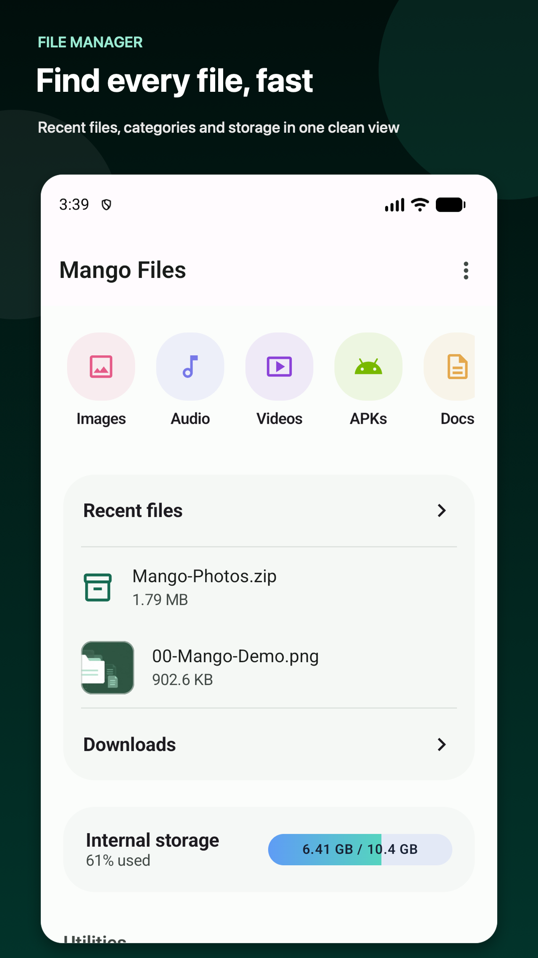 Mango Files home screen with recent files, categories, and storage usage