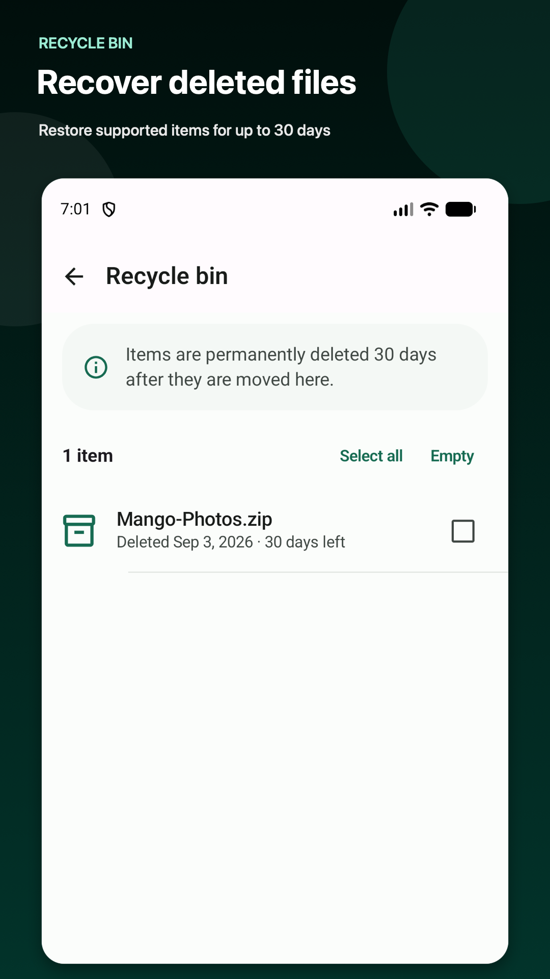 Mango Files recycle bin with recoverable deleted files